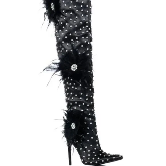 AZALEA WANG " TOP TIER " Size 11: BLACK or FUCHSIA SATIN FEATHER FLOWER BOOTS - Image 3 of 4