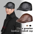 Mens Genuine Leather Peaked Cap Winter Warm Cowhide Baseball Cap Beret Hat