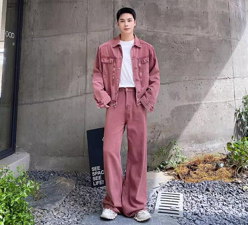 Denim Jacket Pink Corduroy Jacket Men Cord Harrington Jacket With