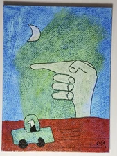 e9Art ACEO man in car passing hand outsider art brut naive