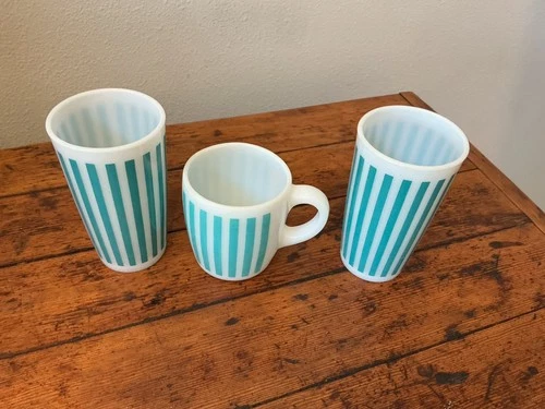 Vintage 2 Hazel Atlas Candy Stripe Turquoise Tumblers and 1 Mug EUC!