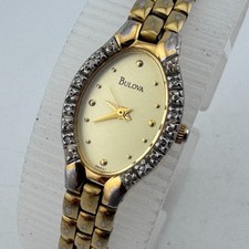 VTG Bulova Japan Quartz Watch Women Diamonds Gold Tone Oval New Battery 6.75"