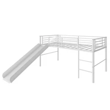 Twin Metal Loft Bed with Slide Guardrails Built-in Ladder Low Bed Frame White