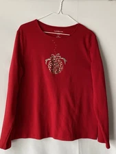 Croft & Barrow Red Long Sleeve Jeweled Ornament Holiday Top Size L
