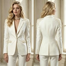 Women Pearl Embellished Suit Blazer Beaded Shoulder Detail For Bridal Wedding