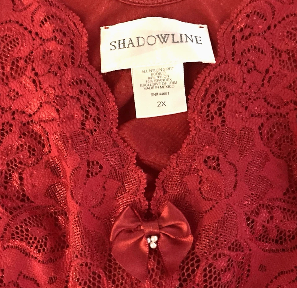 Vintage Shadowline Long Nightgown Size 2X Red Full Sweep Nylon Lace - Image 4 of 4
