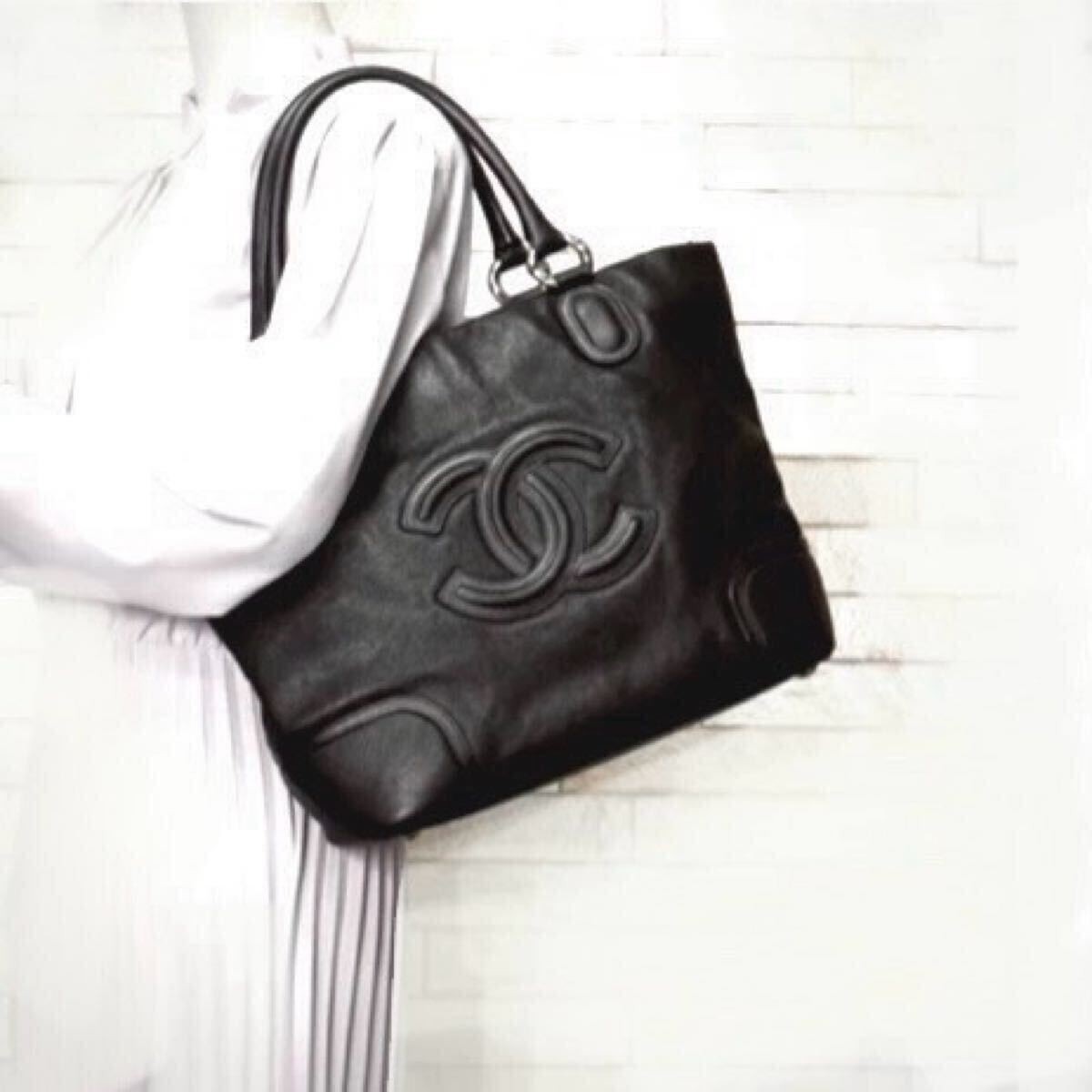 Chanel Coco Mark Shoulder Tote Bag in Black Caviar Leather with Serial 260000