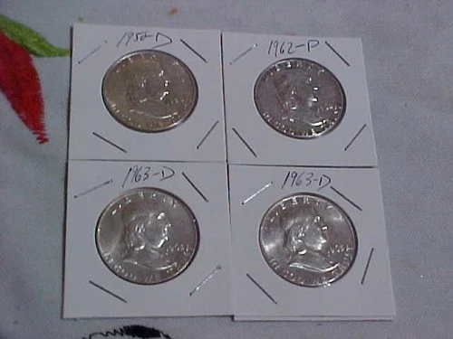 Lot (4) Franklin Half Dollar, 90% Silver, 1950-D, 1962-P, 1963-D, 1963-D, AU BU