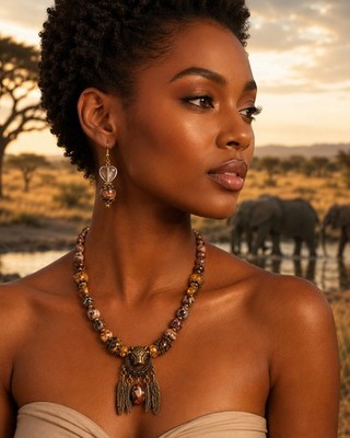 African Theme Jewelry Set Necklace & Dangling Earrings Gold Brown Stone Metal