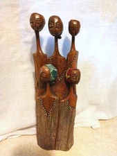 African Sisters 5-Head Wood Sculpture Tribal Ethnic Folk Art Hand-Carved 12.4"H