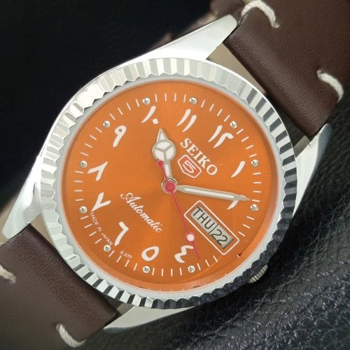 VINTAGE SEIKO 5 AUTOMATIC 6309A JAPAN MENS REFURBISHED ORANGE WATCH a442480-1