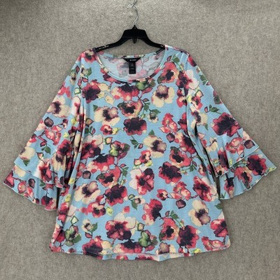 Ali Miles Womens 1X Blue Floral Bell Sleeve Lightweight Knit Top