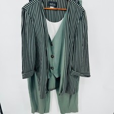 Tori Alexander Vintage 80s Pant Suit Set Green Striped Acetate Rayon Size 16
