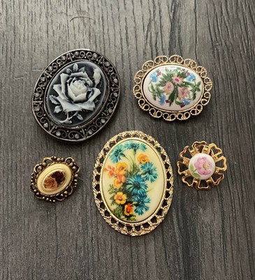 5 Vintage Cameo Floral Filigree Brooch Pins Lot of 5 Various Materials