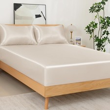 3 Pcs Satin Fitted and Pillowcase Set, King Silky Bottom Bedsheet Fit up to 1...