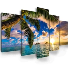 Modern 5 Piece Framed Giclee Canvas Prints - Blue Beach Landscape Blue Painti...