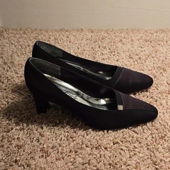 black fabric dress pumps Black Handmade Slingback Kitten Heels, Pointed-toe Low-heel Pumps, Comfortable Scuba Fabric Dress Shoes, Classic Women's Wedding Guest Heels