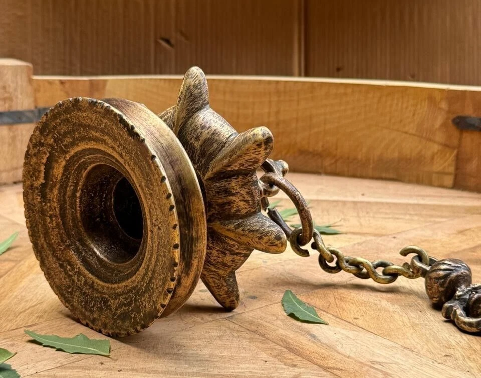 Antique Brass Hanging Diya Oil Light Lamp with Chain Original Old Fine Engraved - Image 4 of 4