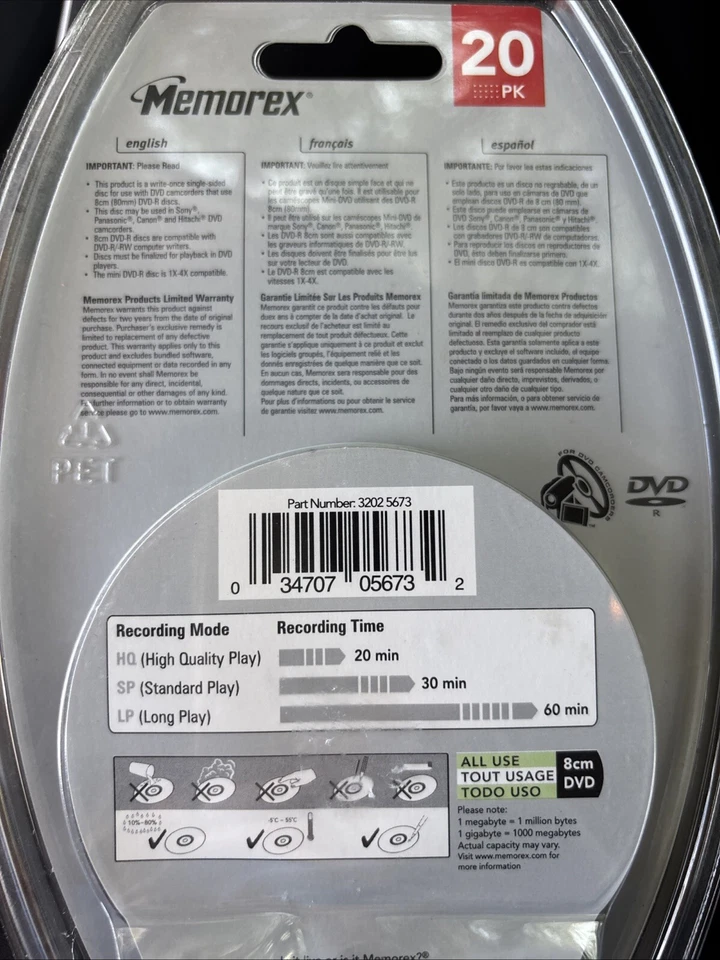 Memorex MINI DVD-R 1.4 GB 30 Min Single Sided 20 Pack New Sealed - Image 3 of 4
