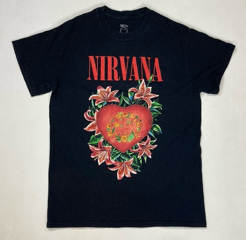 Nirvana Flower Heart Graphic T-shirt Women Small Black Short Sleeve Music