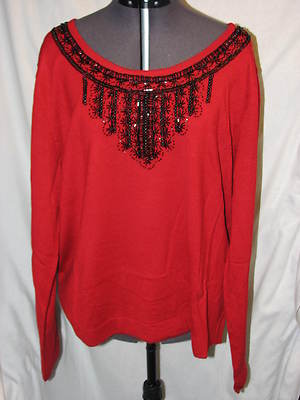 XL NEW Susan Graver Style Red Ladies Shirt Sweater Black QVC Plush Knit Womens 