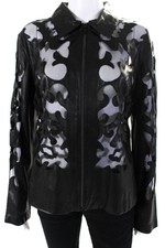 In Transit Womens Leather Cutout Mesh Full Zip Collared Jacket Black Size Large