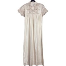 VTG 90s Bert Yelin for Iris Satin Cream Eyelet Embroidery Long Sleeping Gown S