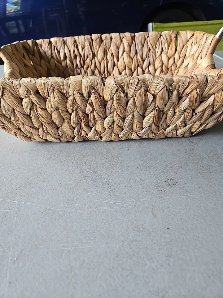 Straw 14 X 10.5 Wicker Basket/Serving Tray With Silver Metal Handles  - Image 4 of 4