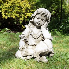 Stone Reading Girl Garden Sculpture Grey Angel Book Lawn Patio Ornament Statue