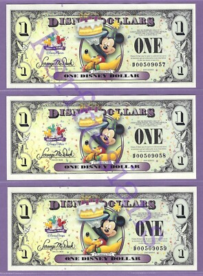 2009 D $1 MICKEY PLUTO DISNEY WORLD DISNEY DOLLARS (3) CONSECUTIVE D00509057-059