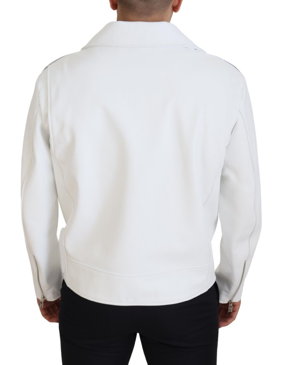 DOLCE & GABBANA Jacket White Leather Biker Coat Zipper IT46