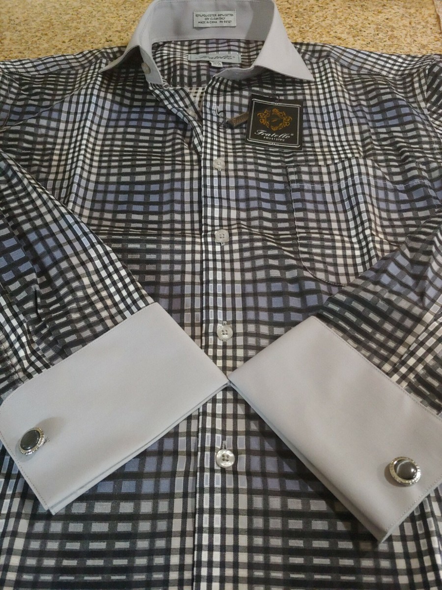 fratello dress shirts Fratello Men's French Cuff Dress Shirt Set - Artistic Small Checker - Lilac - 17.5 36/37