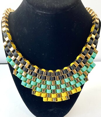 Grosgrain Ribbon Gold chain bib Statement necklace Black Teal & Yellow ...