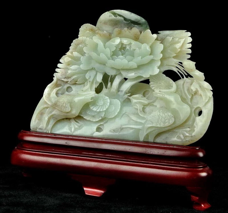 Estatua de flor de pájaro de jade nefrita hetiana natural escultura tallada de peonía fénix  Foto 3 de 4