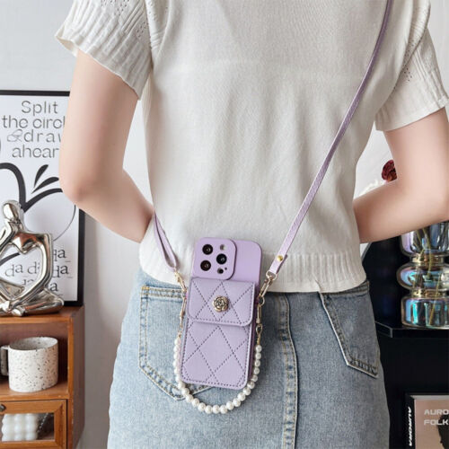 For Samsung iPhone Crossbody Pearl Chain Card Wallet Bag Case Strap Phone Cover - Zdjęcie 3 z 18