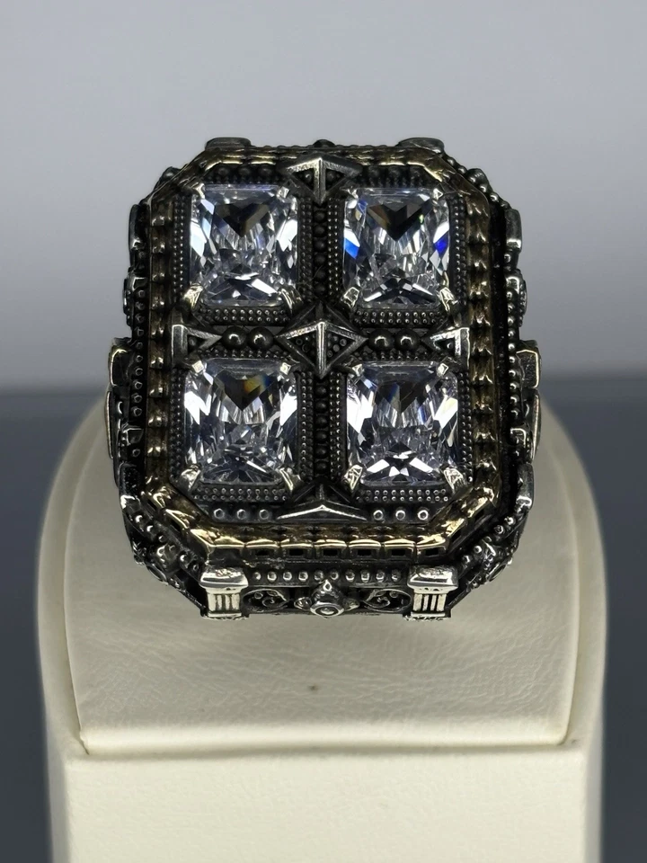 Moissanite Stone 925 Sterling Silver Men's Ring Geometric Filigree Vintage Style - Image 4 of 4