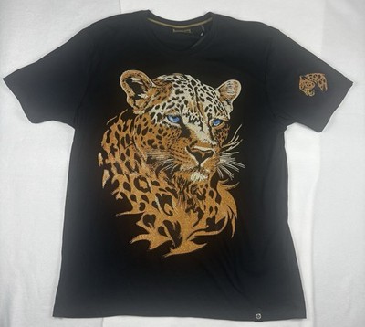 Men's Casa Moda Couture Gold Tones Rhinestone Leopard Design T-shirt Size XL