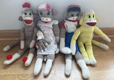 Vintage Original Sock Monkey Lot 4 Mom Baby Baseball Player Yellow Plush Toys