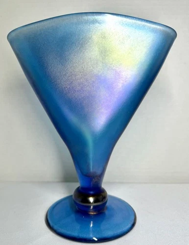 Fenton Blue Iridescent Glass Fan Vase- Foil Label- Metropolitan Museum of Art