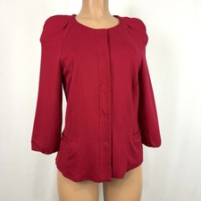 Chicos Womens Jacket Blazer Red Ponte Snap Front 3/4 Sleeves Sz 8 Puff Shoulders