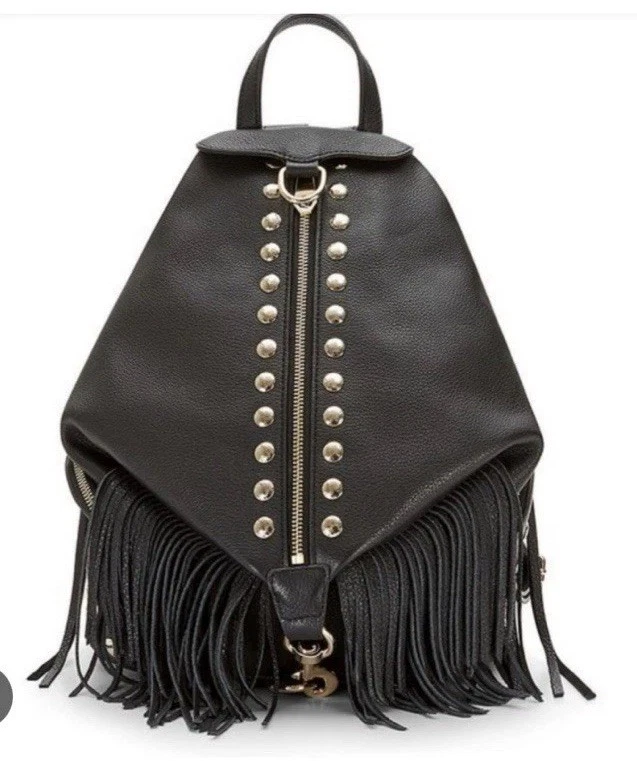 Mochila Rebecca Minkoff Julian de cuero negro, flecos y tachuelas doradas usada en excelente estado Foto 3 de 4