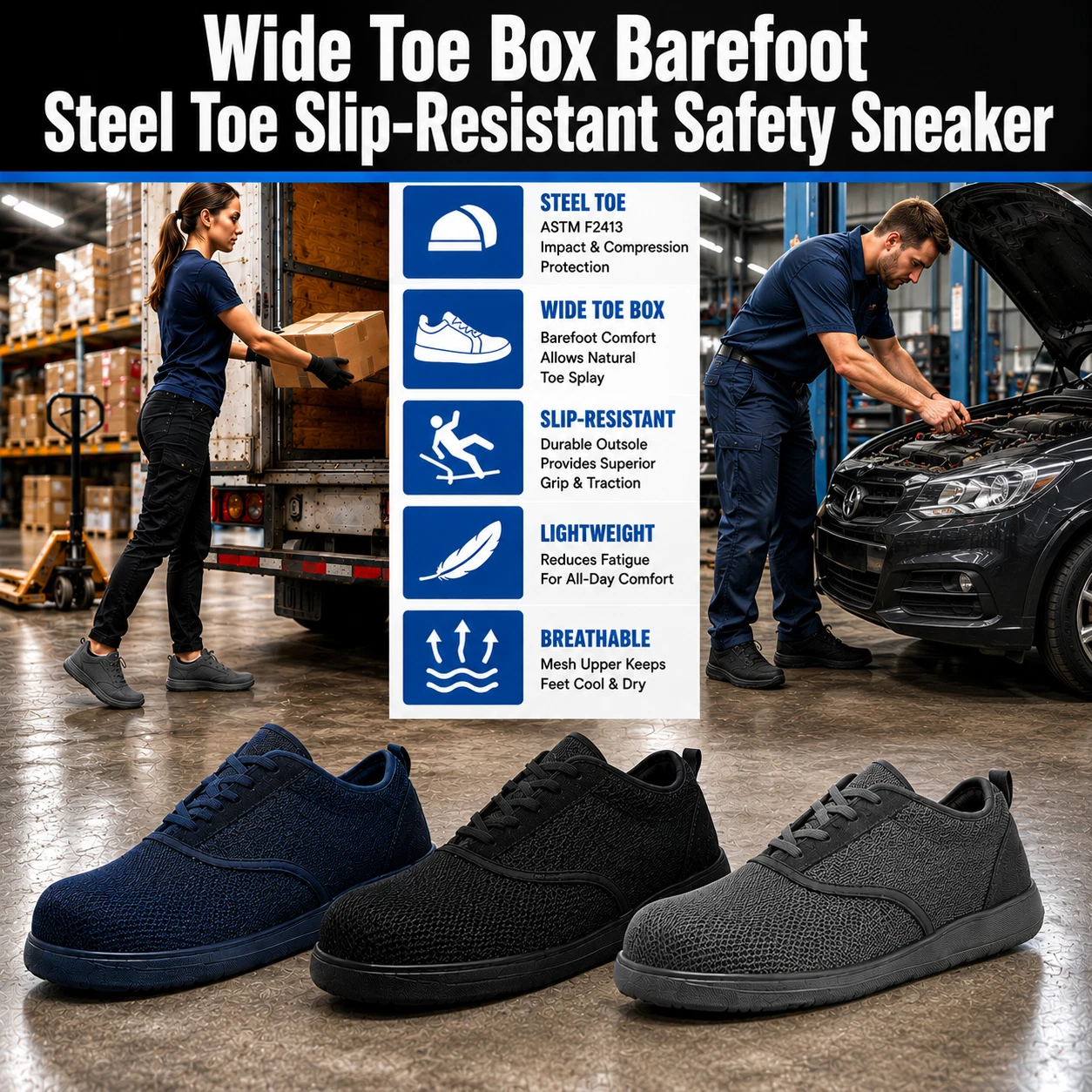 Men Wide Toe Box Steel Toe Shoes Safety Sneakers Non Slip Work Construction Shoe