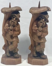 Pair Alpine Black Forest Carved Wood Tyrolean Man Folk Art Candlestick Holders