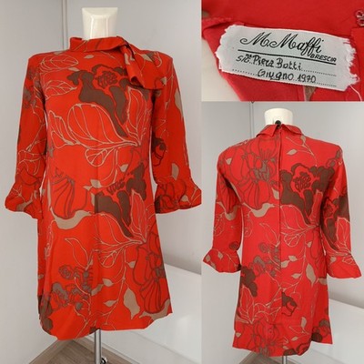 Vintage 70er Jahre Blumen Mod Kleid rot orange Schleife Ausschnitt Rüschenärmel Made in Italy