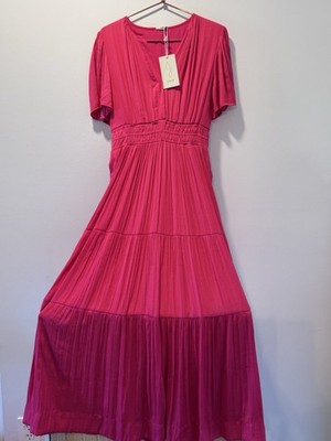 Joie Pink Pleated Maxi Dress V-Neck Short Sleeve Pockets Size M