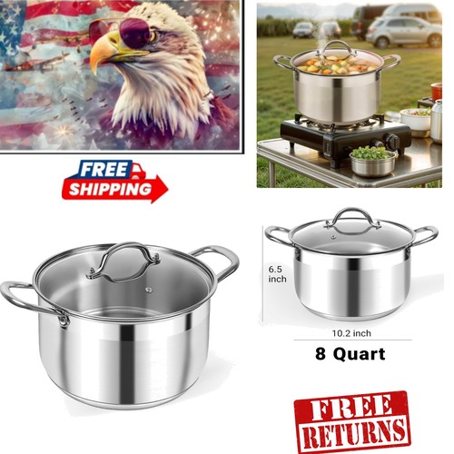 Non-Stick 8 Quart Stainless Steel Stock Pot with Riveted Handles and Visible Lid - Picture 1 of 9