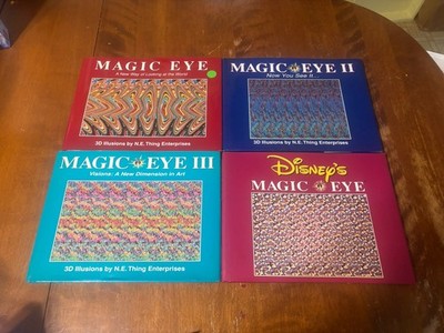Lot of 4 MAGIC EYE books 3D Illusions N.E. Thing I II III Disney HC W/ DJ (L2)