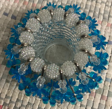 VTG MCM Tramp Art Teal Blue/White Safety Pin Beads Candleholder 3.5 Tall X 5" W
