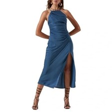 ASTR The Label Halter Neck Satin Maxi Dress In Steel Blue XS
