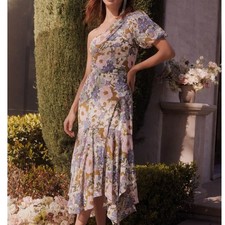 ASTR THE LABEL Santorini One Shoulder Midi Dress White Retro Floral Purple LL42